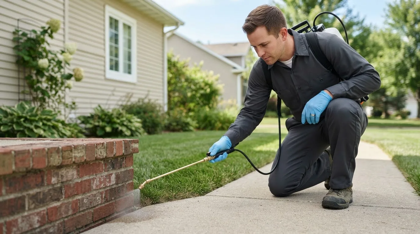 Pest control technician treating a home near Edmore, MI
