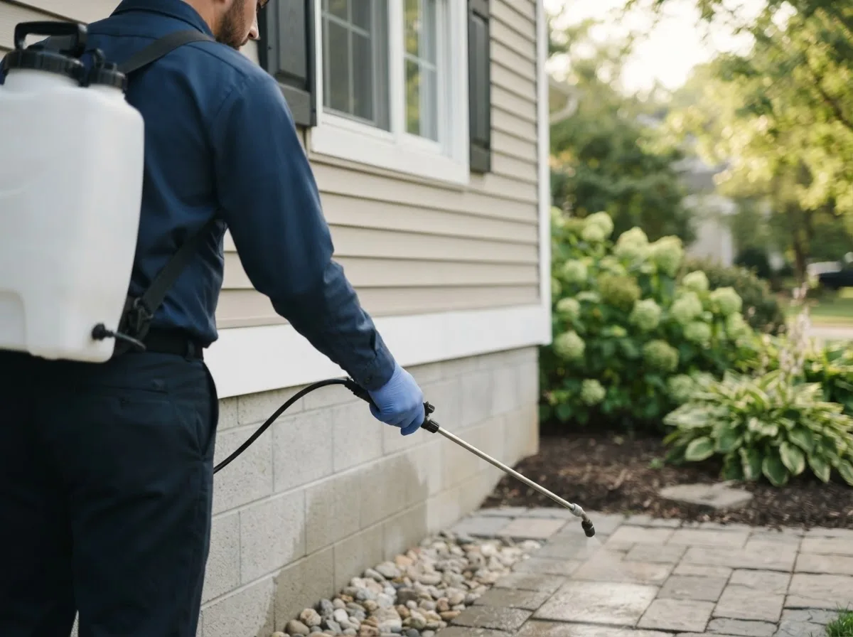 Pest control technician inspecting a home in Edmore, MI